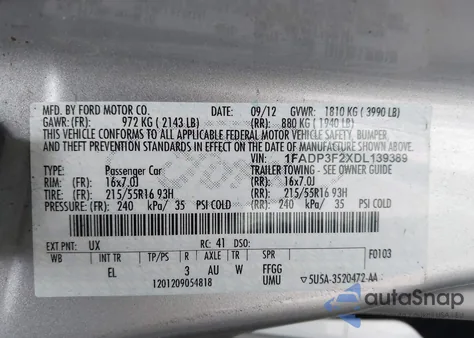 2013 Ford Focus Se z USA, uszkodzony, nr VIN 1FADP3F2XDL139389